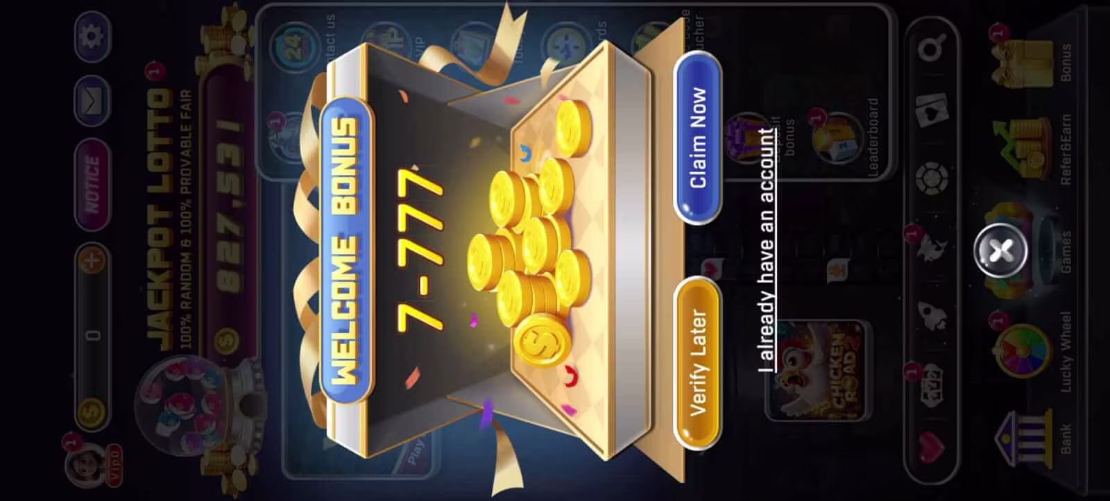 Dhan Game welcome bonus screen showing up to ₹777 signup reward
