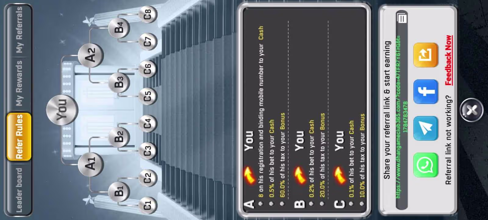 Dhan Game referral program showing three-level referral rewards and commission structure