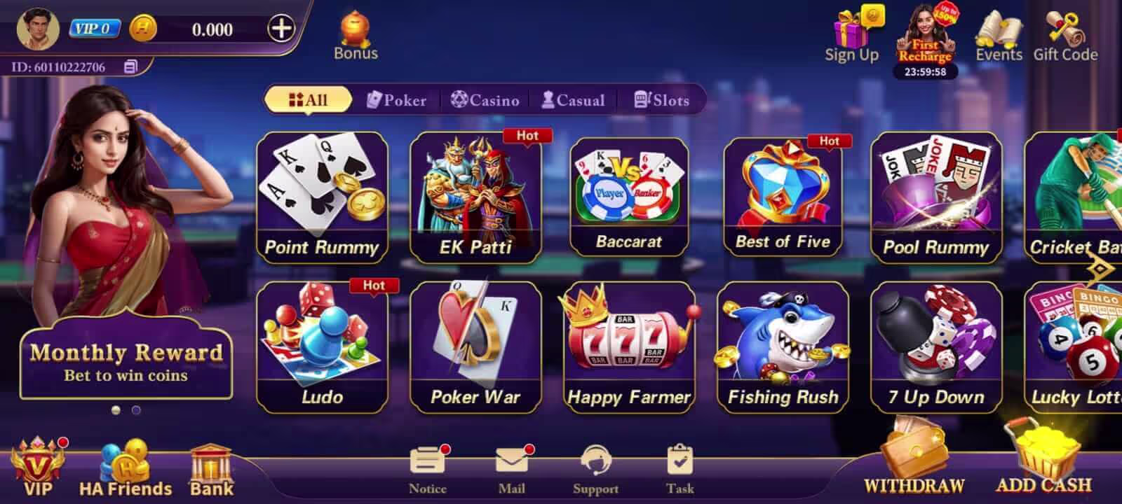 HappyAce player lobby and games