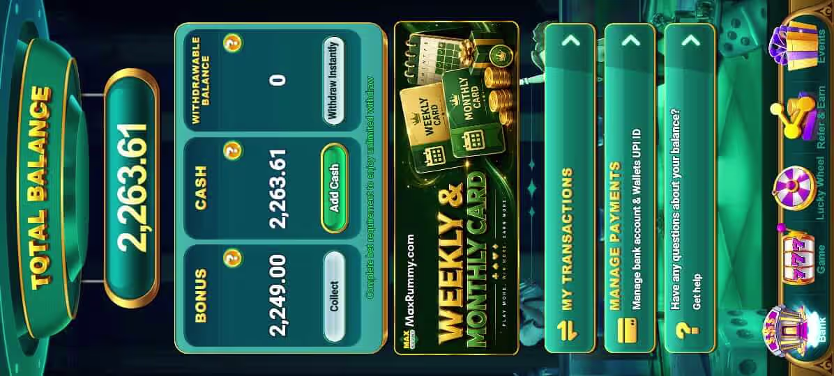 Max Rummy wallet withdrawal screen showing UPI and bank transfer options