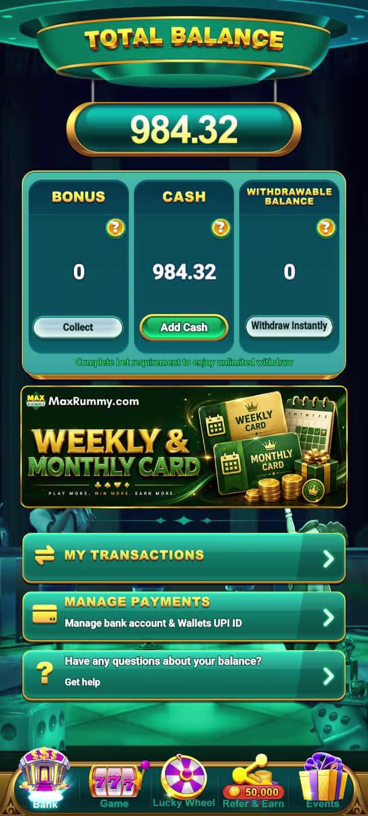 Max Rummy withdrawal page